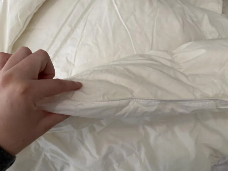 Riley feeling the Boll And Branch Down Duvet Insert