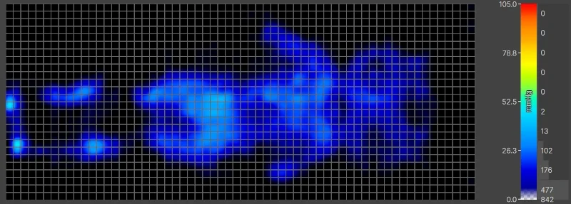 Pressure map of our lightweight tester back-sleeping on a Helix Midnight Luxe mattress.
