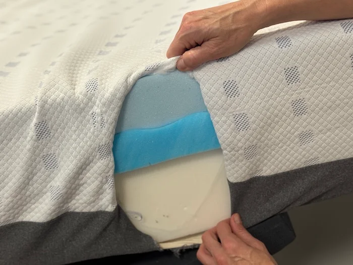 A closeup of the different layers of the BodiPedic 12" mattress.