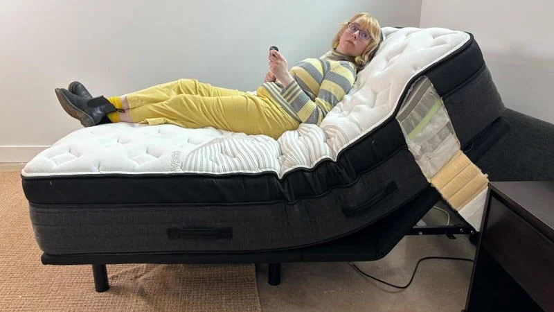 Testing the Nolah Evolution Hybrid Mattress on an adjustable bed.