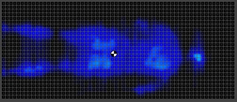 Pressure map of a back sleeping lightweight tester on the Firm Side of a Brooklyn Bedding Plank Firm Luxe Mattress
