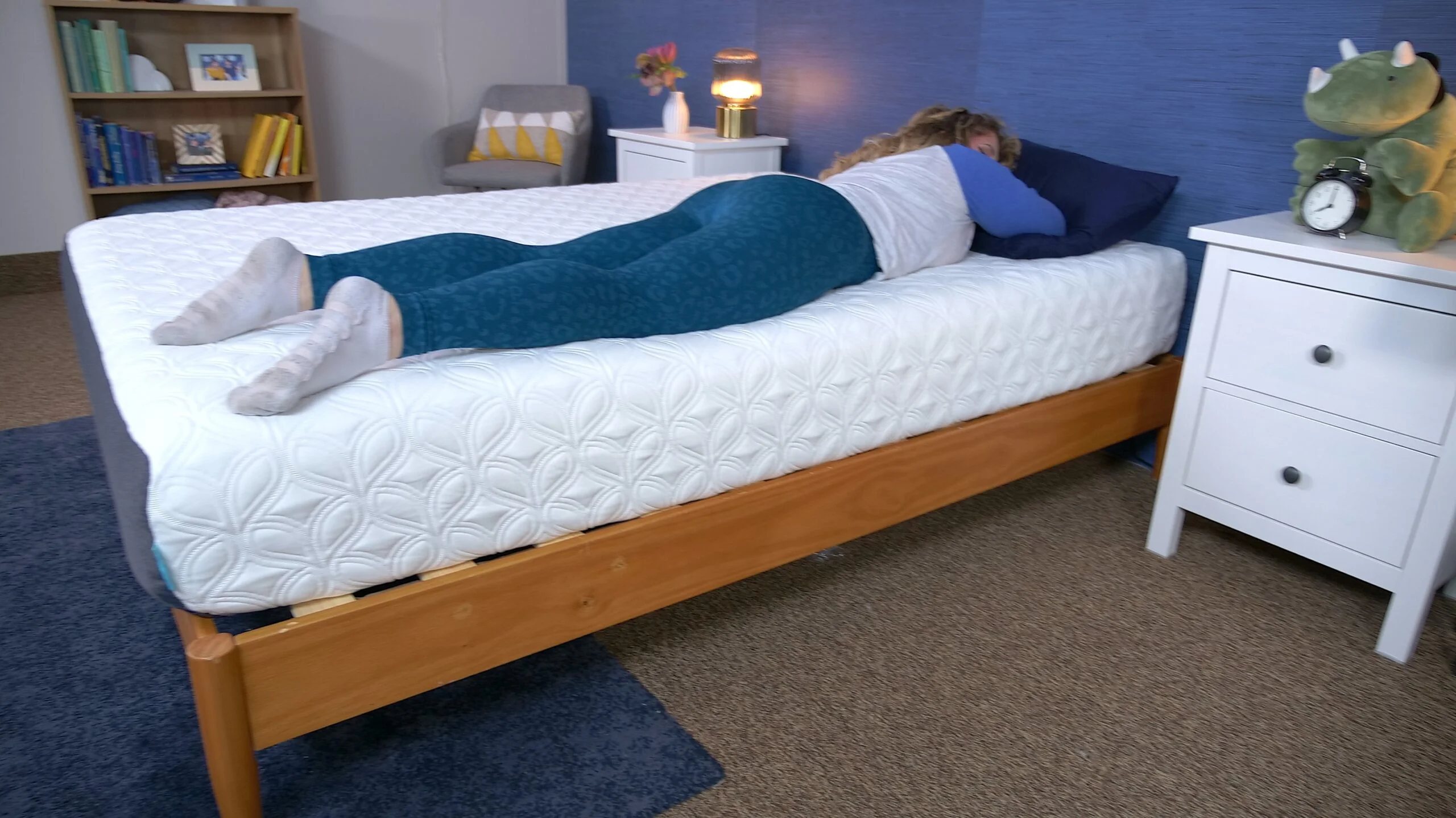 Nichole stomach sleeping on the Cocoon Chill Mattress Construction