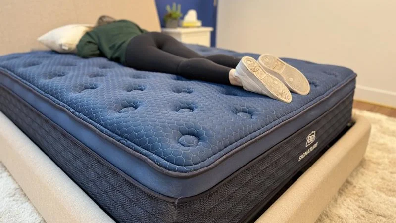 Our tester stomach sleeping on the Brooklyn Bedding Signature Hybrid Mattress