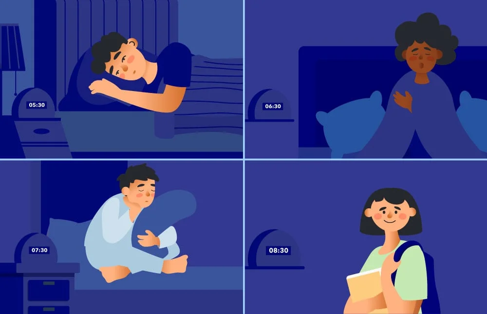 Illustration of several teens getting ready for school