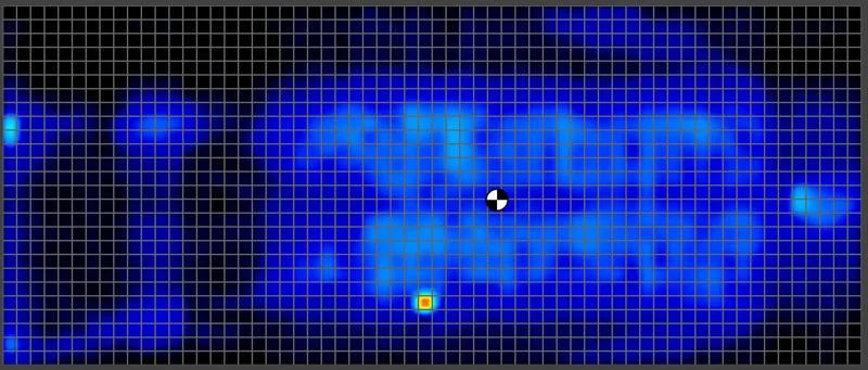 Pressure map of a back sleeping heavyweight tester on the Firm Side of a Brooklyn Bedding Plank Firm Luxe Mattress