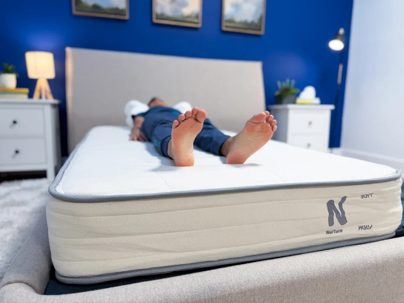 A mattress tester back sleeping on the Nolah Nurture mattress.