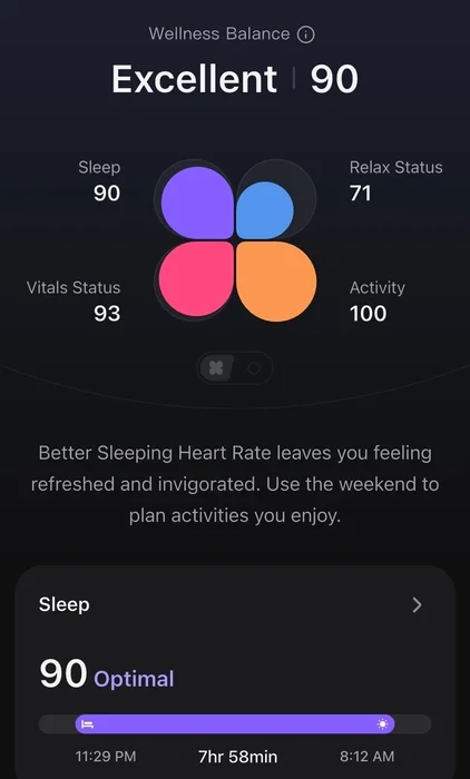 The homescreen of the RingConn iOS app displaying the four categories it tracks: sleep, relaxation, vitals, and activity, represented by four color-coded leaves.