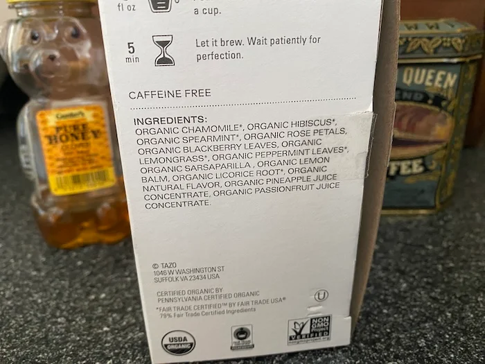 Ingredients on a box of Tazo Organic Chamomile