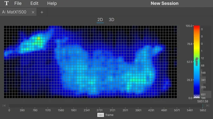 A thermal graphic showing a larger-bodied mattress tester resting on the Nolah Evolution in the side-sleeping position. The graphic is mostly blue, with some spots of green that indicate low pressure buildup.