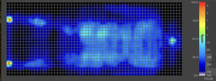 A pressure map graphic for the WinkBed Plus. It shows a thermal image of a heavyweight sleeper lying on their back. The map is mostly blue, indicating little to no pressure buildup. However there are some spots of yellow and red at the feet.