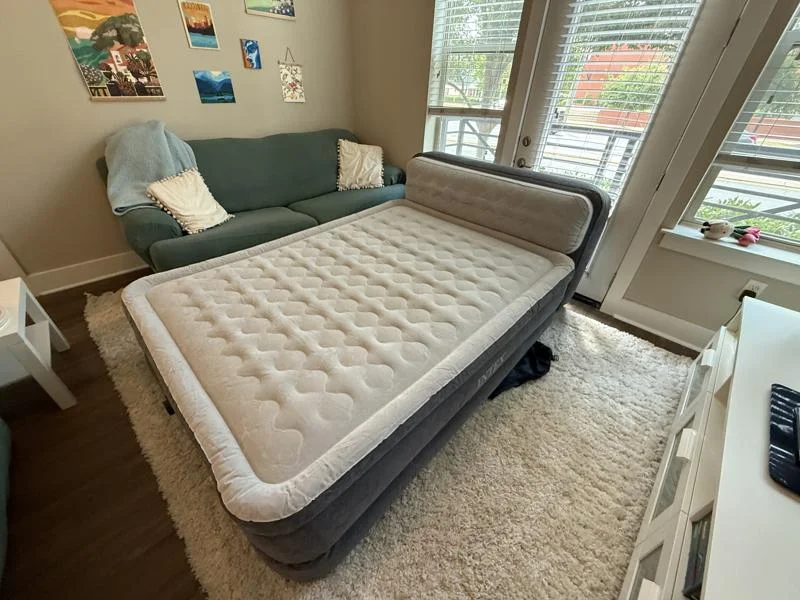A fully-inflated Intex Dura-Beam Ultra-Plush Inflatable Pillow Top Air Mattress