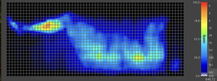 A pressure map graphic for the WinkBed Plus. It shows a thermal image of a heavyweight sleeper lying on their side. The map is mostly blue, with some flareups of yellow along the shoulders and hips, indicating a little bit of pressure buildup.