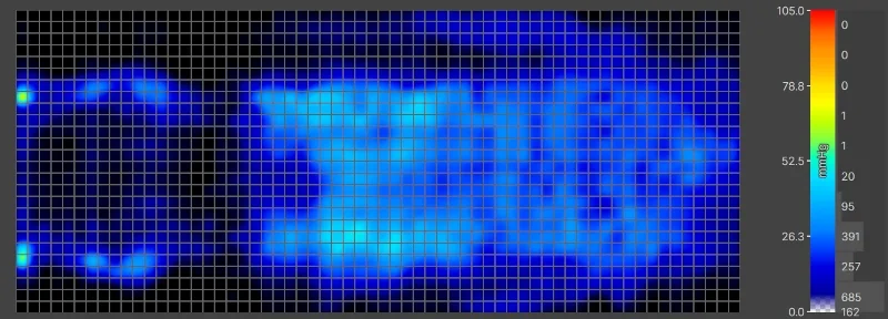 Pressure map of our heavier tester back-sleeping on a Helix Midnight Luxe mattress.