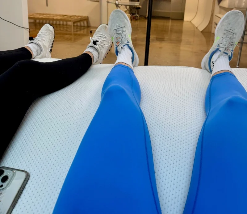 Our testers doing a partner test on the Glacier Original Hybrid Mattress