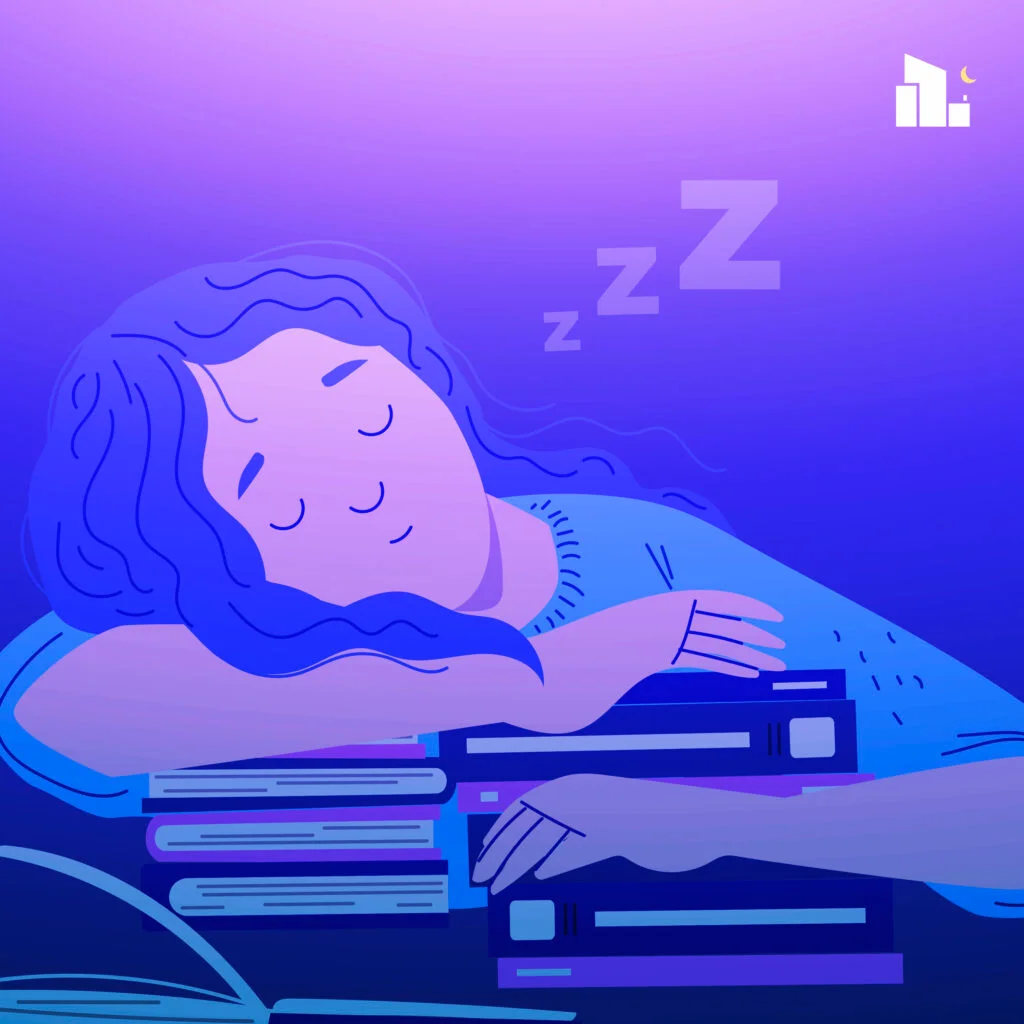 Close-up illustration of teen sleeping at her desk