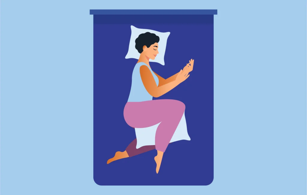 An illustration of a woman sleeping on her left side with a knee pillow