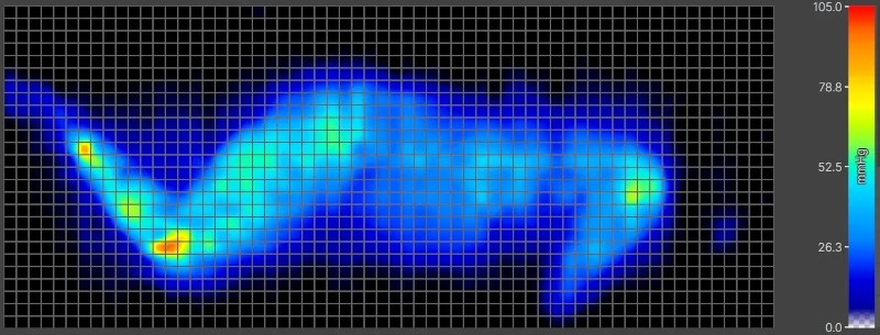 Pressure map of a heavier side-sleeper on a Saatva Latex Hybrid.
