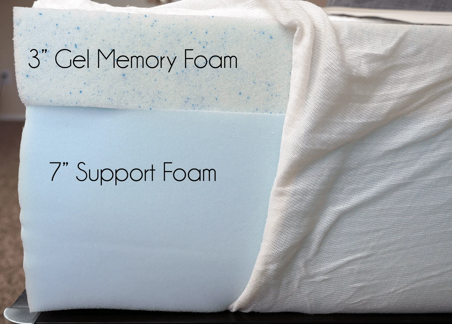 eLuxurySupply mattress layers (top to bottom) - 3" gel memory foam, 7" support foam