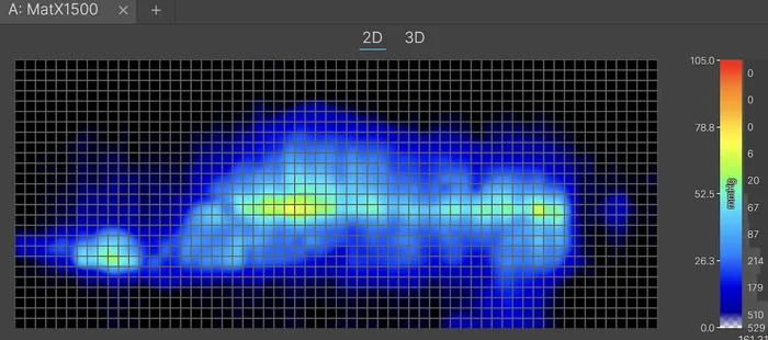 A thermal graphic displaying pressure buildup for a heavyweight sleeper on the Birch Natural in the side-sleeping position. The graphic is mostly blue with some yellow at the hip and shoulder, indicating moderate pressure buildup in these areas.