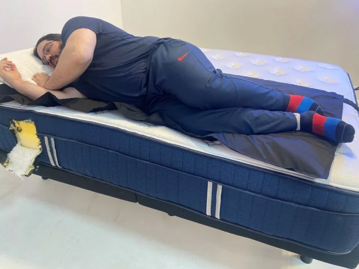 Our heavyweight tester on the Silk & Snow Hybrid mattress
