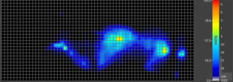 Pressure map of our lightweight tester side-sleeping on a Helix Dawn Mattress.