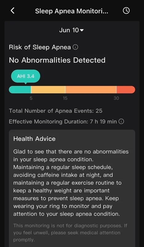 A detailed overview of RingConn's assessment of sleep apnea instances and health insight.