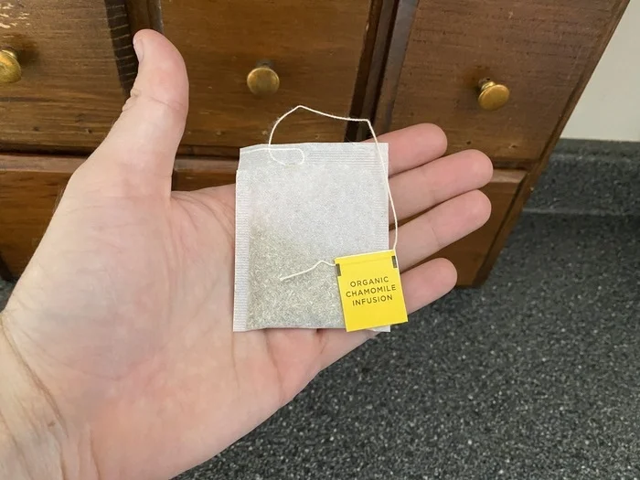 Our tester holds a Taylor's of Harrogate Chamomile Tea bag.