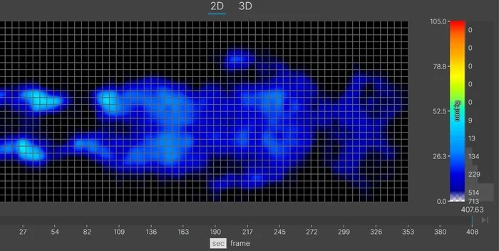 A thermal graphic showing an average-weight mattress tester resting on the Leesa Sapira Chill Hybrid mattress in the back-sleeping position. The graphic is entirely blue, indicating little to no pressure buildup.