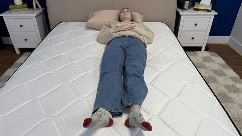 Our tester back sleeping on the Brooklyn Bedding Plank Firm Luxe Mattress