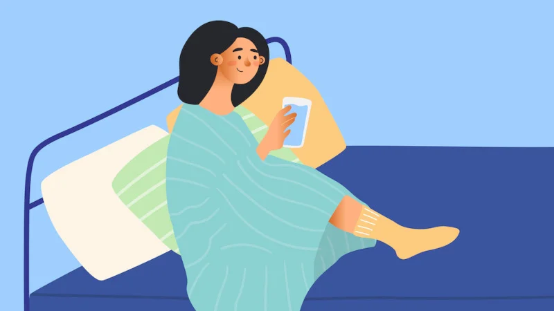 An illustration of a woman drinking water in bed