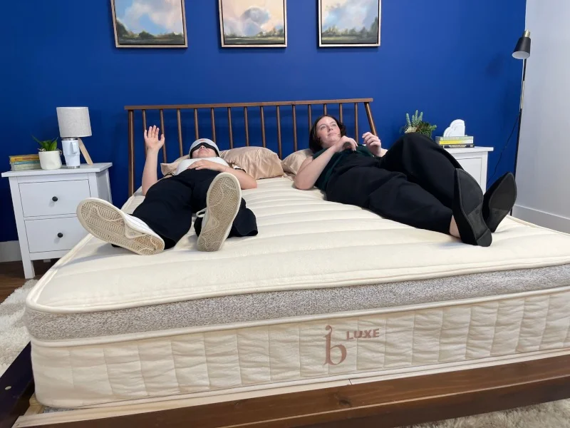 Our testers doing a partner test on a Birch Luxe Natural Mattress