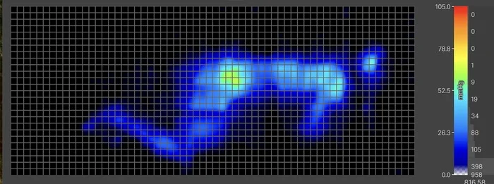 A pressure map graphic for the WinkBed Plus. It shows a thermal image of a lightweight sleeper lying on their side. The map is mostly blue, indicating little to no pressure buildup. However, there is a flareup of pressure buildup at the hip.