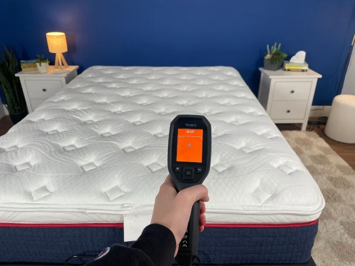 A full view of the Wolf Mattress as our expert tester takes thermal readings.
