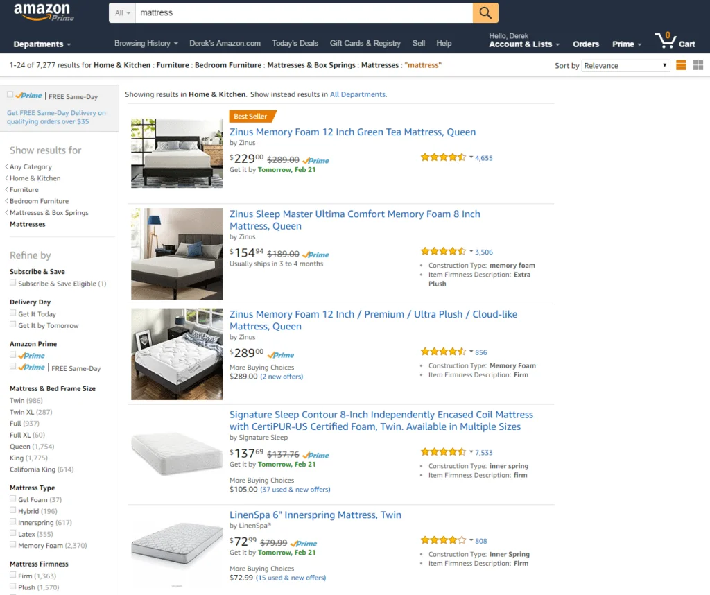 Mattress selection on Amazon.com