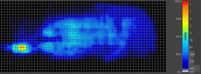 Back-sleeping pressure map of our average-weight tester on the WinkBed EcoCloud Hybrid Mattress