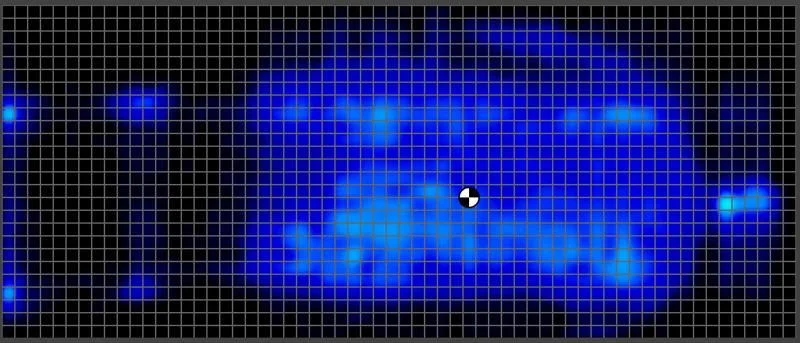 Pressure map of a back sleeping heavyweight tester on the Extra Firm Side of a Brooklyn Bedding Plank Firm Luxe Mattress