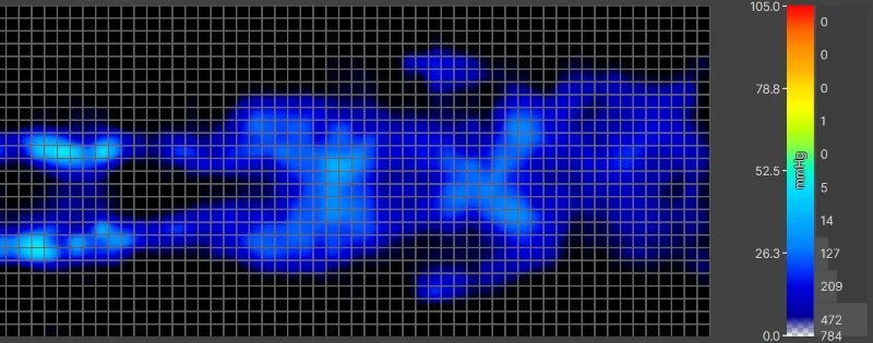 Pressure map of our Average-weight tester back-sleeping on a Helix Midnight Luxe mattress.