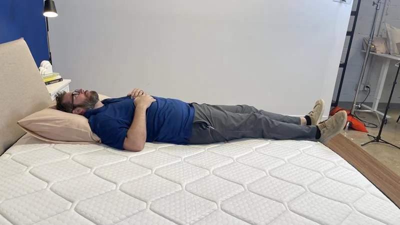 Our tester back sleeping on the Brooklyn Bedding Plank Firm Luxe Mattress