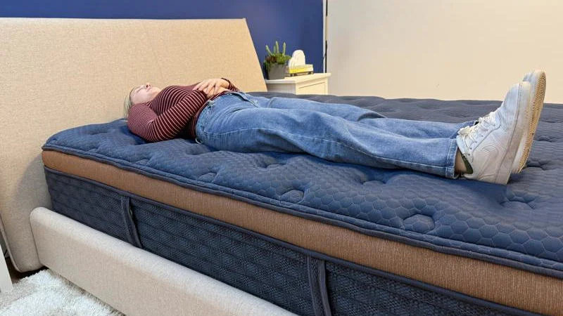 Our tester back sleeping on the Brooklyn Bedding Aurora Luxe Mattress