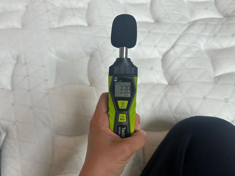 Decibal meter taking readings from the Brooklyn Bedding Ascension Luxe Adjustable Base