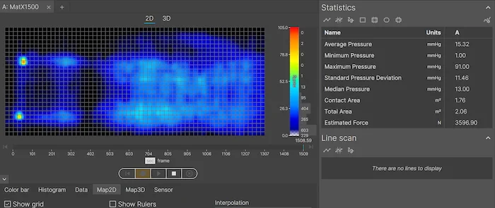 A pressure map showing a heavy sleeper in the back-sleeping position. The graphic is entirely blue, showing little to no pressure buildup.