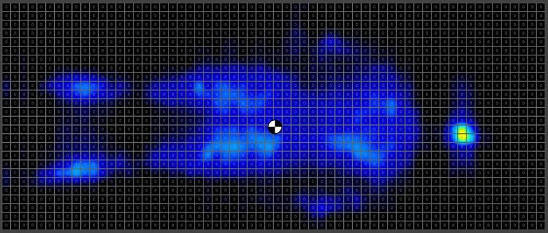 Pressure map of a back sleeping lightweight tester on the Extra Firm side of a Brooklyn Bedding Plank Firm Luxe Mattress