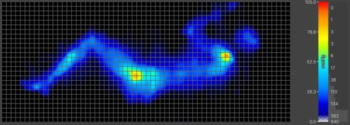 Side-sleeping pressure map of our lightweight tester on the WinkBed EcoCloud Hybrid Mattress