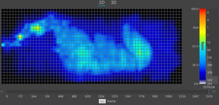 A thermal graphic showing a larger-bodied mattress tester resting on the Leesa Sapira Chill Hybrid mattress in the side-sleeping position. The graphic is mostly blue, with some green and yellow at the shoulders and hips, indicating some pressure buildup in those areas.