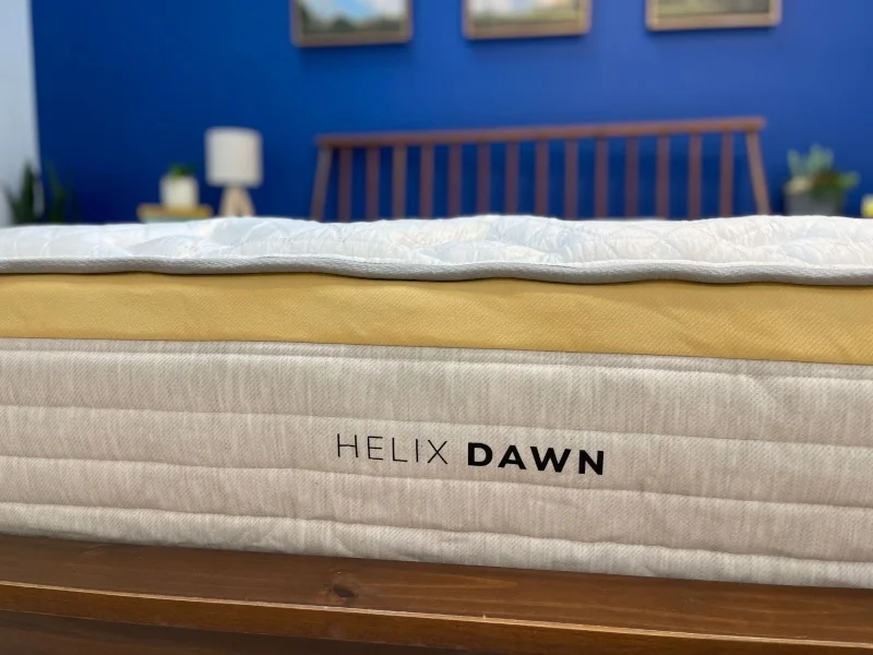 A close look at the logo on a Helix Dawn Mattress