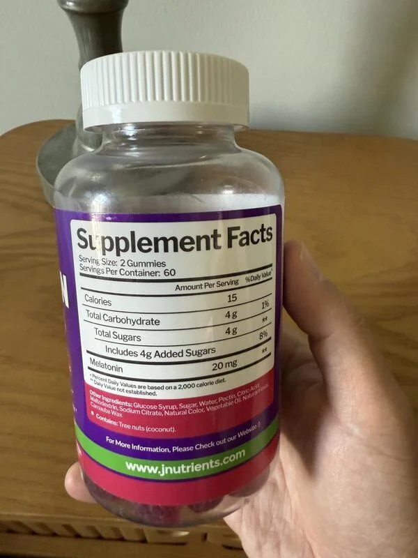Supplement Facts on a Bottle of Just Nutrients Melatonin Gummies