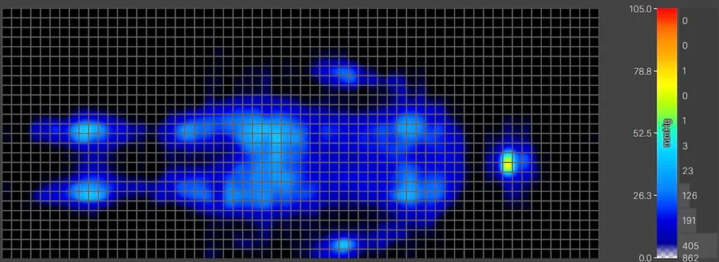 A thermal graphic displaying a lightweight sleeper lying on their back. The graphic is mostly blue, indicating low pressure buildup.