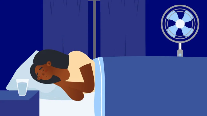 An illustration of someone sleeping in a room with a fan