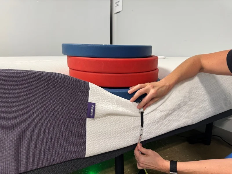 Our tester measures the compression of weight plates to assess edge support on a Polysleep Luna mattress.