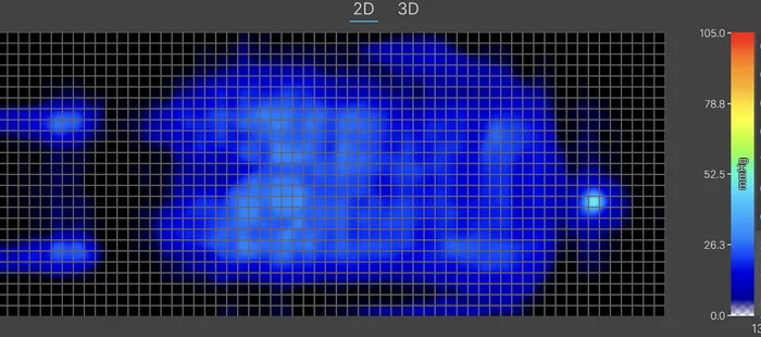 A thermal graphic displaying pressure buildup for a heavyweight sleeper on the Birch Natural in the back-sleeping position. The graphic is almost entirely blue, indicating little to no pressure.